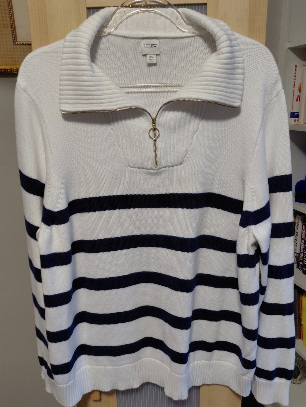 J.Crew White Cotton Gold Zip Collar Sweater with Navy Stripes